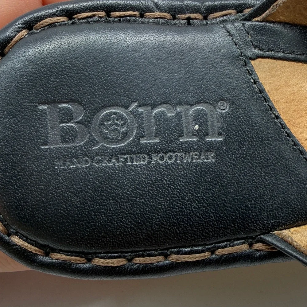 Born Wedge Sandals Womens 8 Black Y2K Leather Espadrille T-Strap Rope W3494